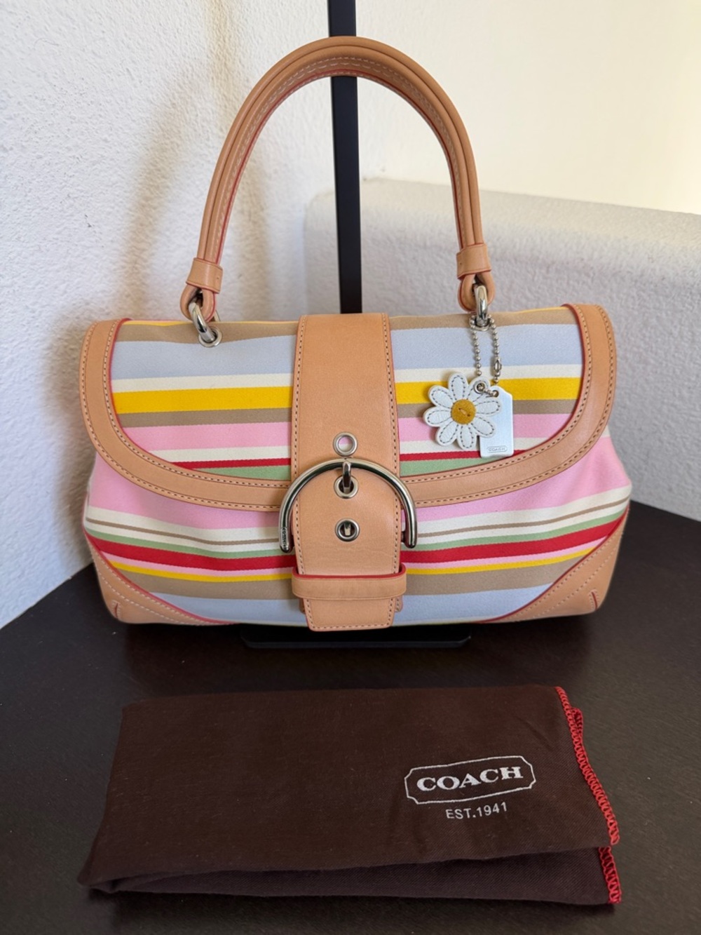 VINTAGE Coach Pink Multi-Stripe Leather-Trim Satchel with Floral Charm(LIKE NEW)